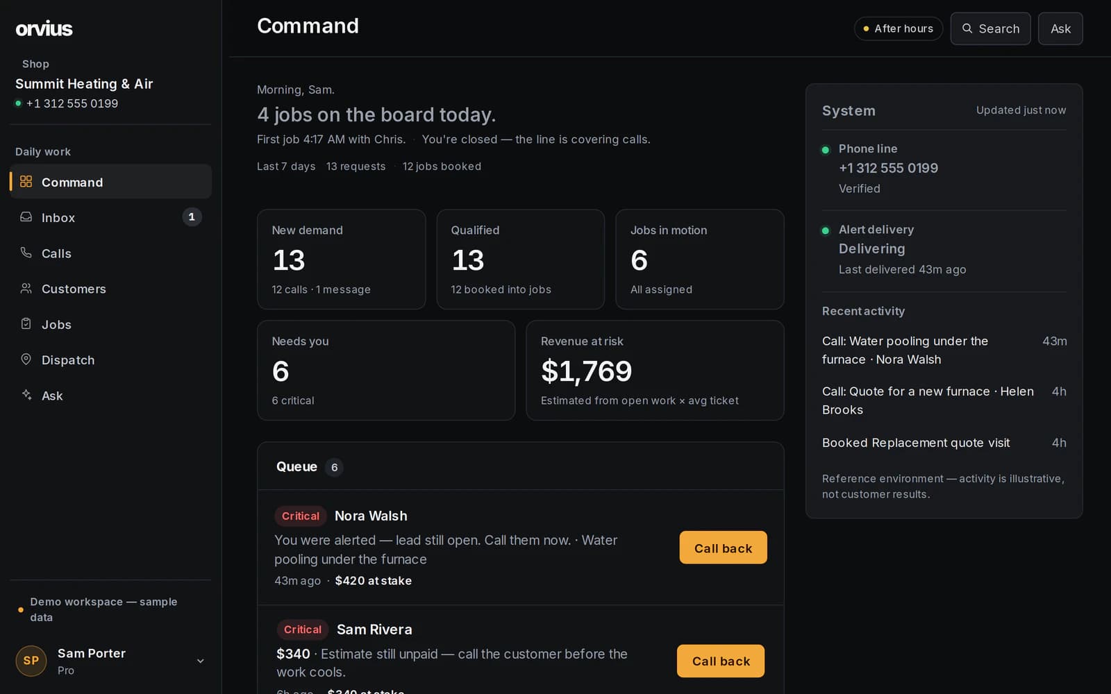 Orvius Command screen